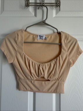 Princess Polly Beige Ribbed Gather-Front Crop Top